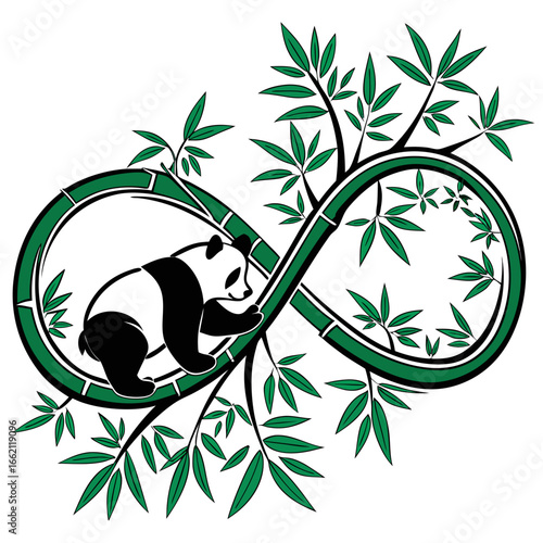 Vector art of a playful panda climbing a bamboo infinity symbol, blending nature with the concept of endless possibilities