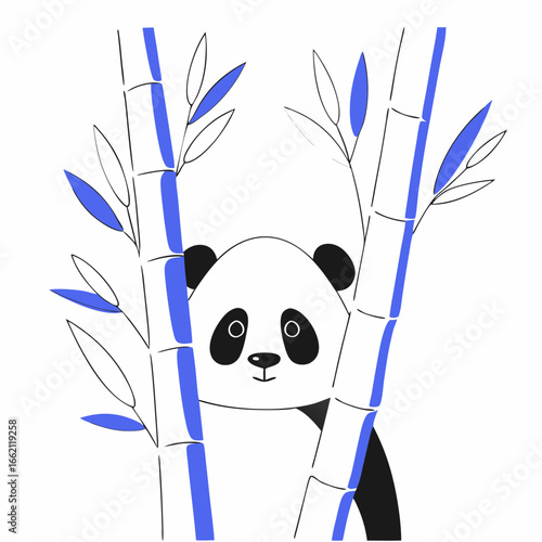 Vector art of cute panda bear hiding behind bamboo stalks in a cartoon style illustration