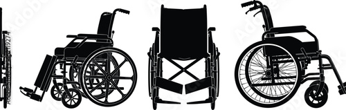 PrintSilhouette illustration of multiple views of a wheelchair, showing front, side, and folded angles for medical and accessibility concepts.