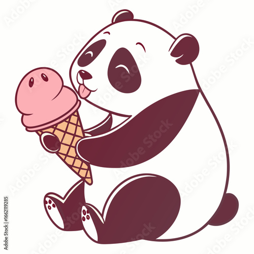 Vector art of cute panda bear licking a strawberry ice cream cone
