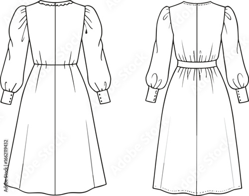 Flat sketch of women’s midi dress with puff long sleeves, waist seam, button cuffs, fashion technical drawing, vector apparel illustration