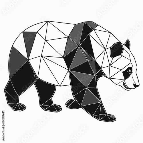 Vector art of geometric panda bear illustration in black, white, and gray polygons