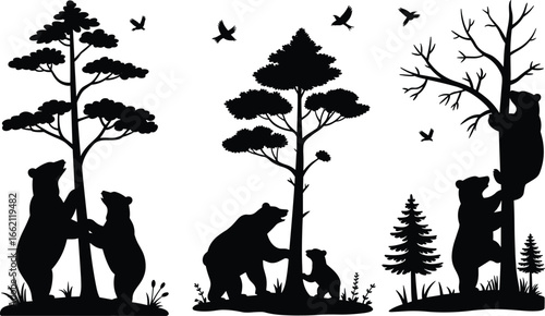 PrintSilhouette of Bear Family in Forest Climbing Trees and Playing with Birds and Nature in Wildlife Woodland Scene Vector Illustration