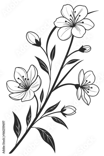 Elegant black and white line art illustration of cherry blossom branches with blooming flowers and buds