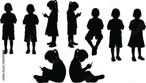 PrintSilhouette of children standing and sitting using smartphones representing digital lifestyle, screen addiction, technology influence, modern communication, and device usage.