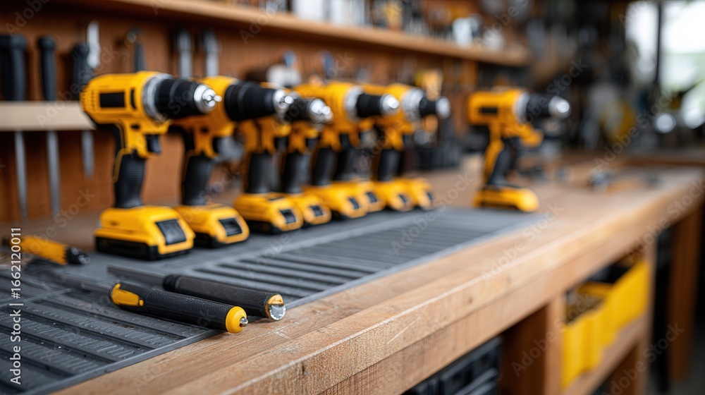 Fototapeta premium A lineup of yellow power drills on a wooden workbench in a workshop setting, showcasing tools for construction and repair tasks.