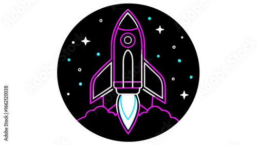 Stylized neon rocket ship blasting off into a starry night sky with glowing exhaust and clouds