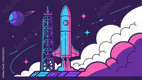 Stylized rocket launch sequence with vibrant colors and cosmic elements against a dark purple sky