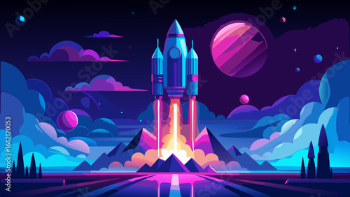 Stylized rocket launching into a vibrant neon purple and blue outer space landscape with planets and clouds