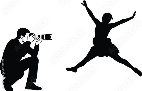 PrintSilhouette vector of crouching photographer with large lens capturing airborne subject leaping with arms and legs extended on white minimal background