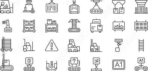 Vectorizer warehouse logistics icons set, forklift and pallet illustrations, container handling graphics, conveyor belt symbols, inventory management, safety warnings, storage facility vectors