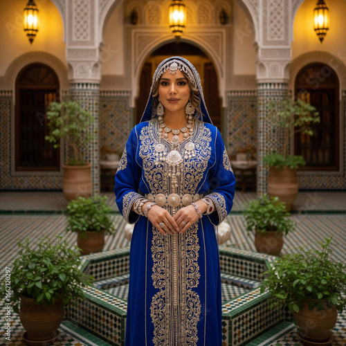 Elegant Moroccan Woman in Blue Caftan with Traditional Jewelry in Riad Courtyard