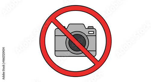 A red prohibition sign with a diagonal line crossing out a camera, indicating no photography is allowed in this area.