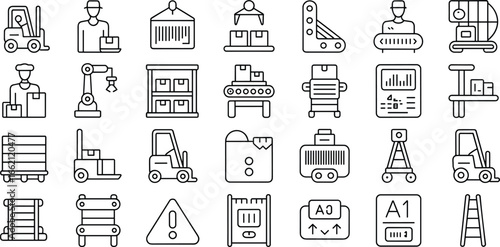 Warehouse Icons Vector Set, Logistics, Storage, Forklift, Inventory, Delivery, Supply Chain, Packaging, Factory, Automation, Cargo, Distribution
