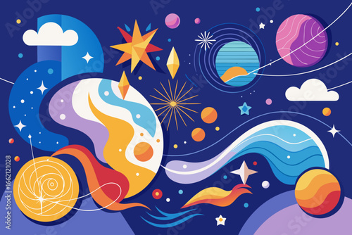 Abstract cosmic exploration illustration, vibrant colors and dynamic shapes create an interstellar journey, perfect for science fiction, design, and artistic projects.