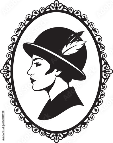 Vintage woman silhouette profile portrait in decorative oval frame retro lady vector illustration