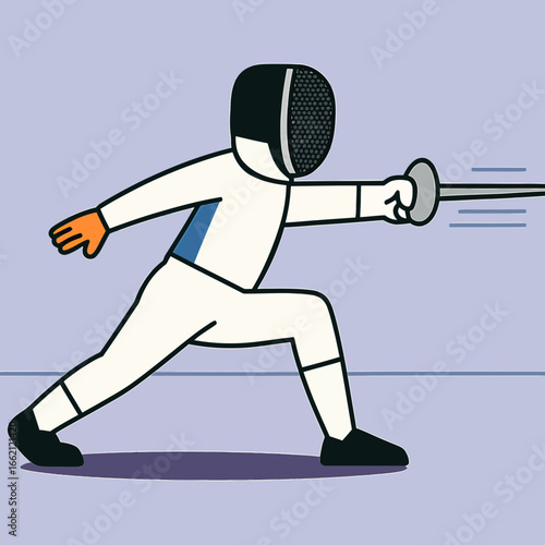 A Fencer In Full Gear Lunges Forward Preparing To Strike During A Stylized Competition