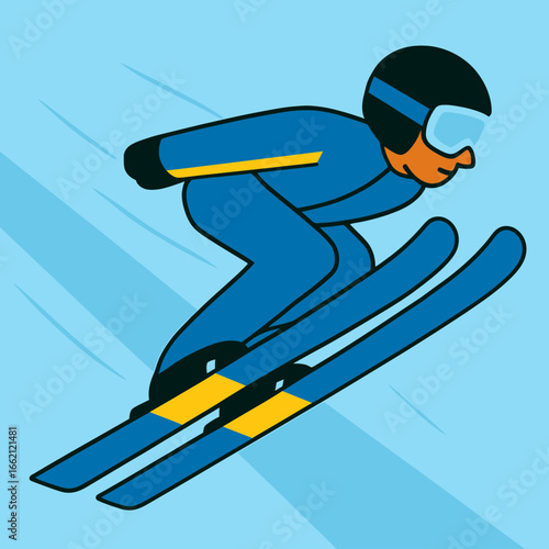 Stylized Illustration Of A Skier In Blue Suit And Black Helmet Gliding Down The Slope Fast