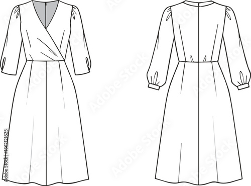 Flat sketch of women’s wrap midi dress with long sleeves, V-neckline, fitted waist, technical fashion drawing, vector garment illustration
