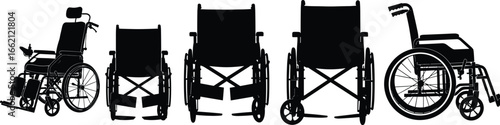 PrintSilhouettes of different types of wheelchairs in various angles, representing mobility aids, disability support, healthcare equipment, accessibility, and independence.