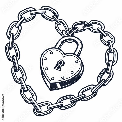 Heart shaped padlock secured by a heavy metal chain forming a protective circle around the symbol of love
