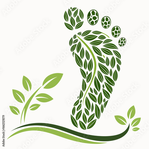 Green footprint made of leaves symbolizing nature and eco friendly lifestyle with growing plants