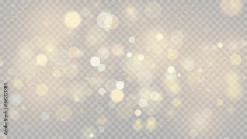 Golden dust light png. Christmas glowing bokeh confetti and sparkle overlay texture for your design. Stock royalty free vector illustration. PNG	