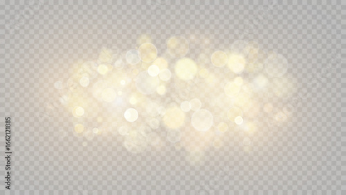 Golden dust light png. Christmas glowing bokeh confetti and sparkle overlay texture for your design. Stock royalty free vector illustration. PNG	