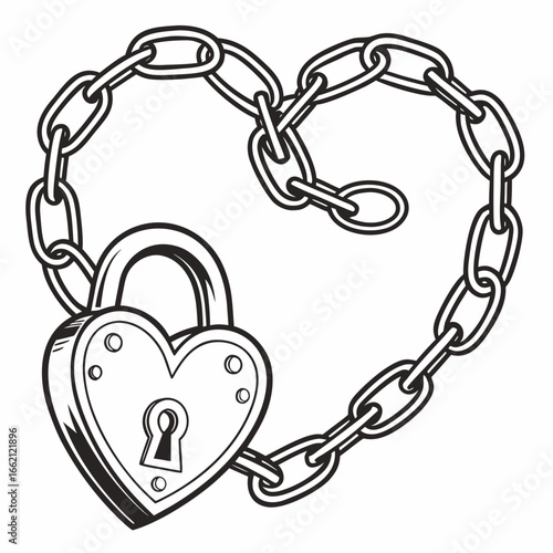 Heart shaped padlock secured by a thick metal chain forming a protective circle around the symbol of love
