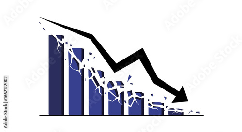 Visualizing economic decline and market downturn represented by a broken bar chart and falling arrow illustrating financial recession and business failure