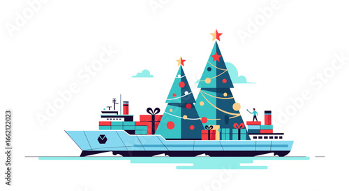 Festive christmas trees and gifts adorn a modern ship deck celebrating the holiday season with joyful decorations