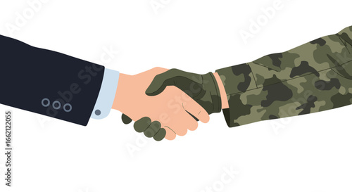 Business professional and military personnel agreeing on a deal with a firm handshake on a white background