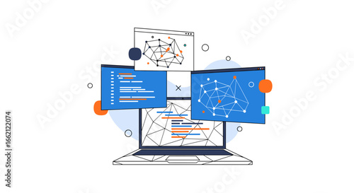 Illustrating complex network data visualization and analysis on a laptop screen