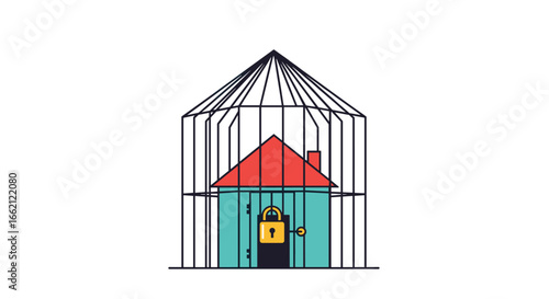 Illustration of a house trapped inside a large birdcage with a locked door symbolizing confinement or restriction of personal space and freedom of movement