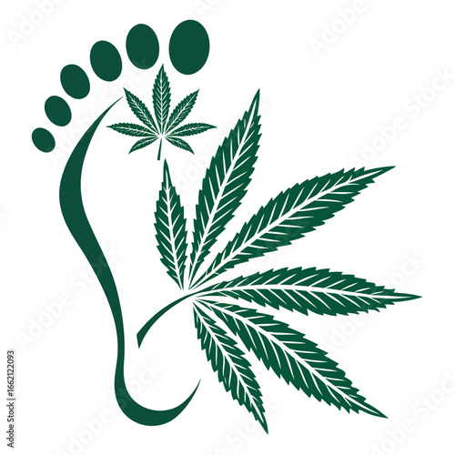 Stylized green cannabis leaf symbol integrated with a minimalist footprint design representing natural wellness and growth