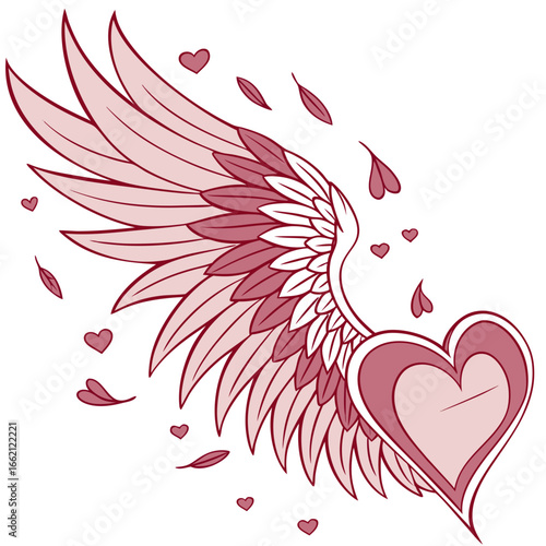 Symbolic representation of a stylized angel wing embracing a heart with scattered small hearts and feathers