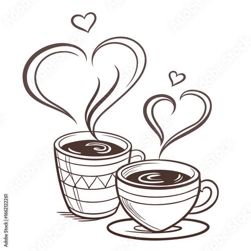 Two cups of hot coffee with steam rising and forming heart shapes symbolizing love and romance