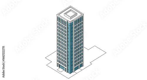 Modern isometric skyscraper building architecture design with geometric facade and rooftop details
