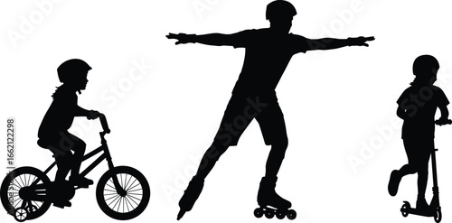 PrintSilhouettes of kids wearing helmets riding bicycle with training wheels, roller skating, and riding scooter outdoors practicing safety.