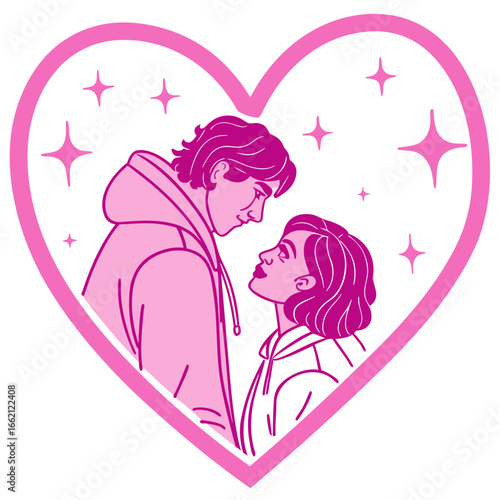 Young couple sharing an intimate moment of affection and connection inside a large pink heart outline with sparkles