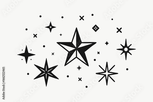 Stunning celestial starbursts and sparkling dots create a magical design, perfect for modern branding, elegant invitations, and dreamy holiday projects.