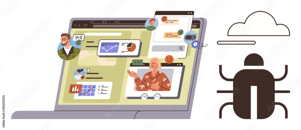 Fototapeta premium Laptop screen showcasing virtual meetings, graphs, chats alongside a bug icon and cloud. Ideal for teamwork, online platforms, coding, communication, software issues, remote work simple flat