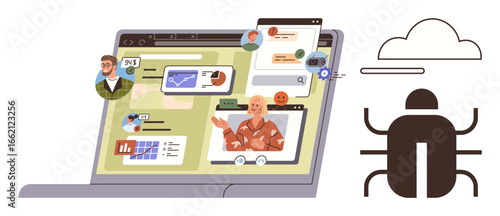 Laptop screen showcasing virtual meetings, graphs, chats alongside a bug icon and cloud. Ideal for teamwork, online platforms, coding, communication, software issues, remote work simple flat