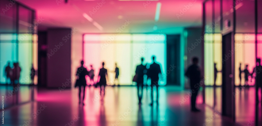 Fototapeta premium Blurred figures walk in a brightly colored modern building interior, creating a dynamic scene that conveys movement, energy, and the atmosphere of a busy workplace.