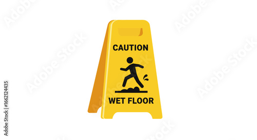 Bright yellow caution sign warns of a slippery wet floor with a graphic symbol of a person falling.