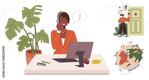 Customer support representative in office setting answering inquiries, person addressing cybersecurity issues, globe with travel and connectivity elements. Ideal for customer service, cybersecurity