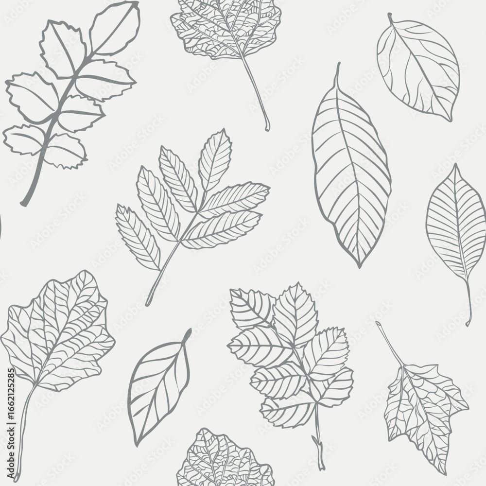 Obraz premium Organic foliage seamless pattern. Graphical lines leaves. Scandinavian style. Vector illustration.