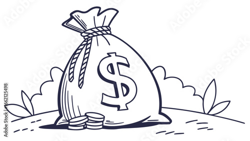 Illustration of a money bag with a dollar sign and stacked coins on a grassy hill landscape scene