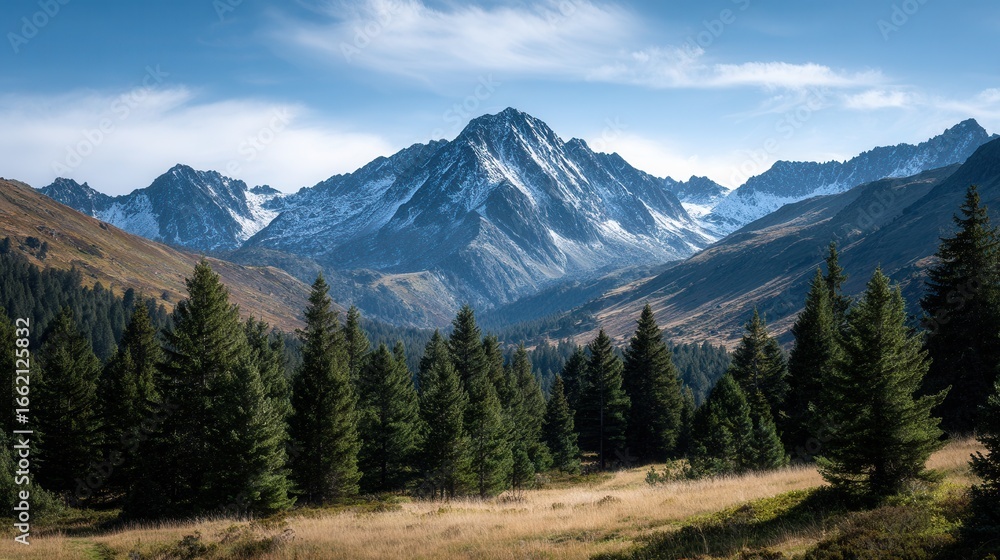 Fototapeta premium A breathtaking view of snow-capped mountains surrounded by lush pine forests under a clear blue sky, ideal for nature and travel themes.