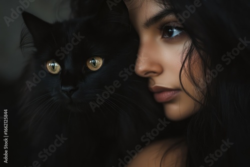 Young woman with black cat on shoulder